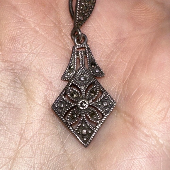 Sterling Silver Marcasite MO 925 Dangle Charm Pendant Signed Diamond Shape - Picture 2 of 9